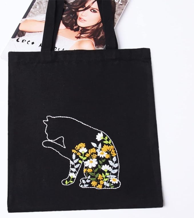 Smart-Feather Cat Embroidery Kit for Beginners Adults, Hand Embroidery Tote Bag Kit with Hoop and Patterns