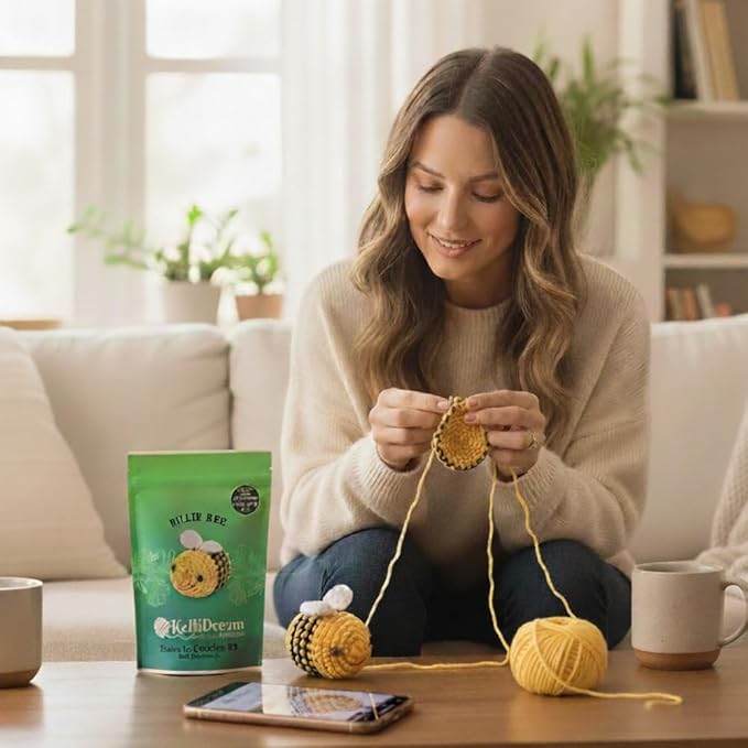 KelliDream Magic Circle Tool Inclusive Learn to Crochet Kit for Beginners; Step-by-Step Video Tutorials; All Supplies to Make Cute Amigurumi (Bee)