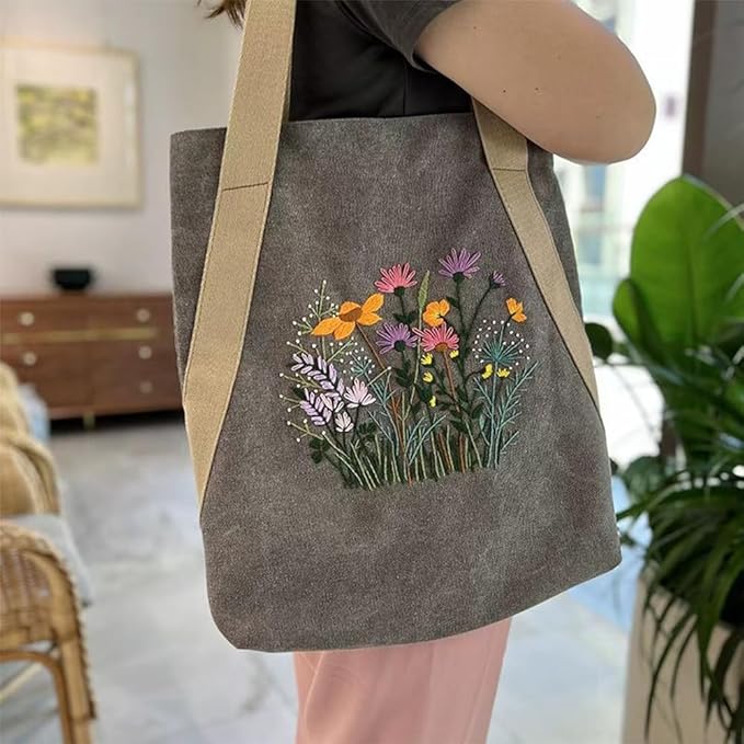 VWV-Whizzing Embroidery Canvas Tote Bag DIY Kit for Beginners, Complete with Pattern, Hoops, Color Threads, Tools & Detailed Instructions for Adults (15X16.5(in) Grey)