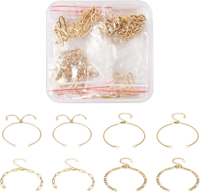 FASHEWELRY 16Pcs Stainless Steel Adjustable Slider Bracelet Adjustable Chains Extender with Cubic Zirconia Ends Golden Chain Link Bracelets with Lobster Clasp for Jewelry Making