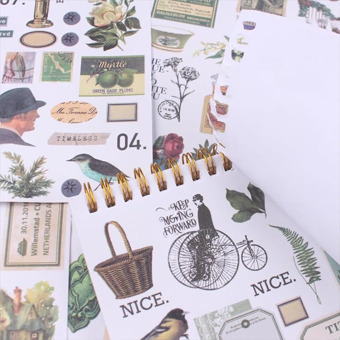 Vintage Washi Sticker Book for Journaling - 900+ Mini Scrapbooking Stickers, Ephemera for Junk Journal Bujo Scrapbook Supplies DIY Crafts Arts 50 Sheets (Green)