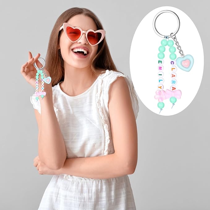 Landical 564 Pcs Bow Heart Keychain Making Kit DIY Mother's Day Bead Key Chain Craft Adjustable Name Beads String Mom Gift Easter Pastel Jewelry Backpack Accessories Holiday Party Favor(Candy Color)