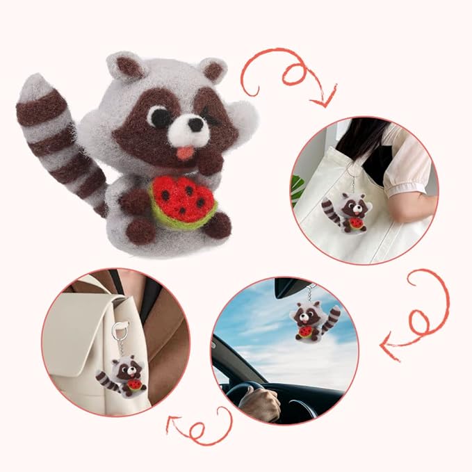 JUPEAN Needle Felting Kit Needle Felting Supplies Raccoon Animal with Wool Roving, Felting Needles, Foam Mat for DIY Feltings Wool Projects