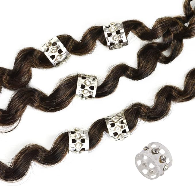 40 Pcs Silver Dreadlocks Beads Rhinestone Hair Rings Aluminum Adjustable Metal Hair Cuffs Beads Rings for Braids Hair Clip Decoration