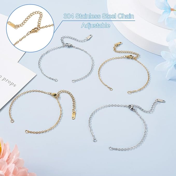 FASHEWELRY 8Pcs Stainless Steel Adjustable Chains Bracelet Cable Chain Extender Chains 6-5/8 inch Metal Chain Link Bracelets with Lobster Clasp for Jewelry Making