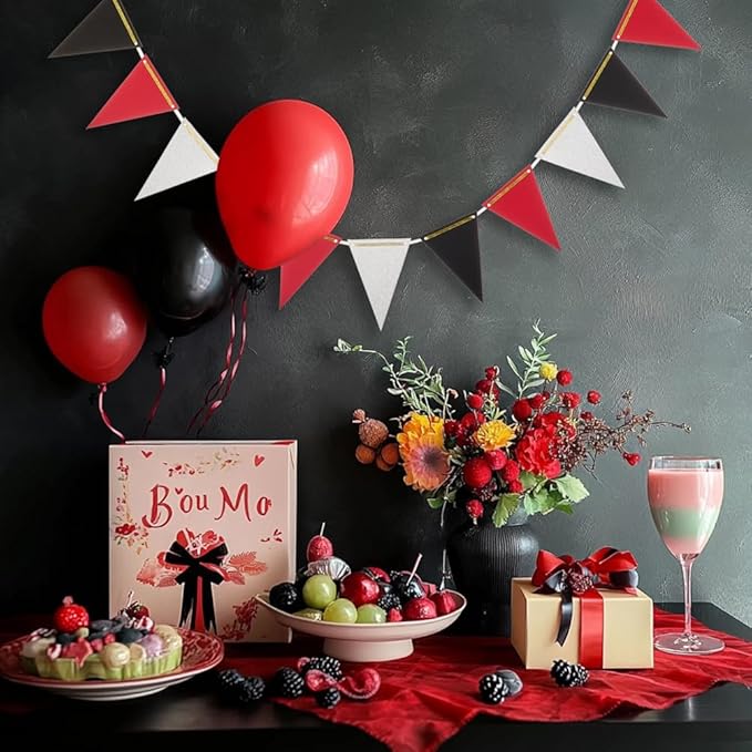 MOWO Silver Black and Red Pennant Banner Paper Bunting Hanging Decoration for Graduation Birthday Retirement Halloween Party, Pack of 30 Counts Pennant, 20 feet
