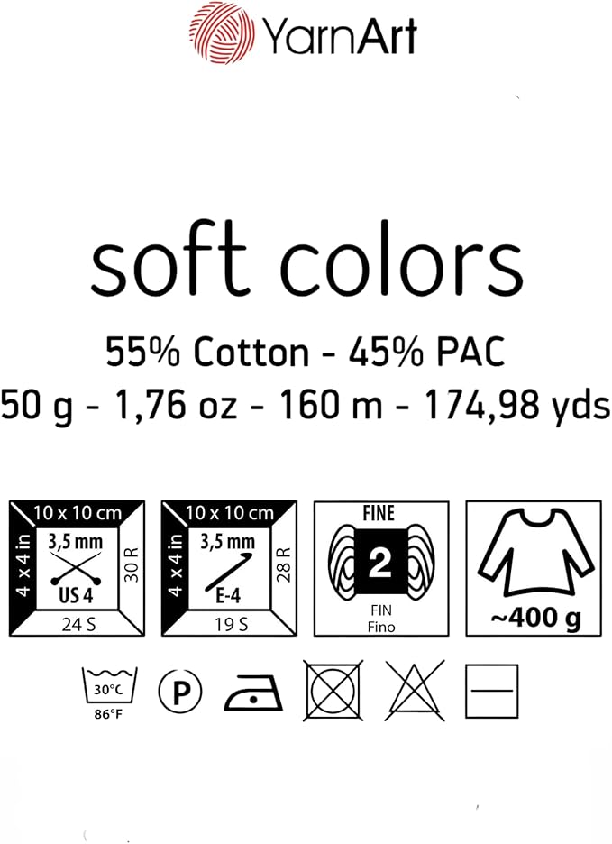 YarnArt Soft Colors - Variegated Sport Yarn 55% Cotton 45% Acrylic - 1 Skein/Ball 50g 174 Yds - Soft Knitting Cotton for Amigurumi