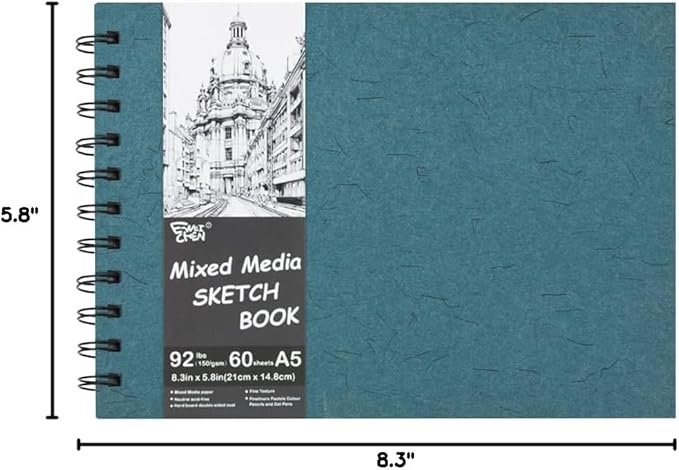 5.8x8.3in Sketch Book, 60Sheets Spiral Bound Notebooks, Natural White 92lbs/150gsm Acid-Free Drawing Paper for Painting,Sketching, Professional Sketch Pad for Artists, Beginners. NW-Blue Green