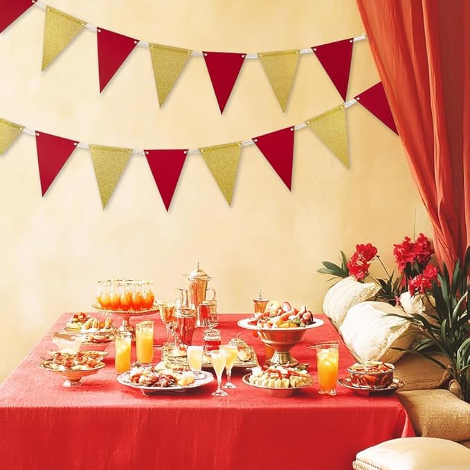 MOWO Gold Red Pennant Banner Paper Bunting Hanging Decoration for Birthday Graduation Retirement Party, Pack of 30 Counts Pennant, 20 feet