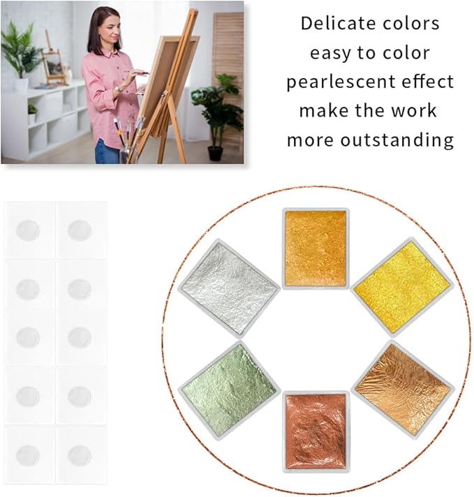 Art Supplies Handmade Watercolor Paint Set - 6 Metallic Gold Colors Half Pans Glitter Solid Water Color- Metal Case Sparkle Pearlescent Watercolour for Artists. White Green
