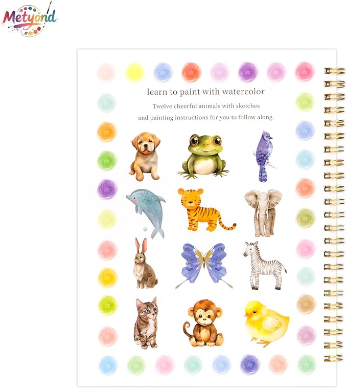 Metyond Beginner Watercolor Workbook Kit - Watercolor Painting Kit with 1 Workbook 12 Colors Paint Set with Brush, Beginner Friendly Watercolor Paint Set Gift for Adults Teens (Animals)