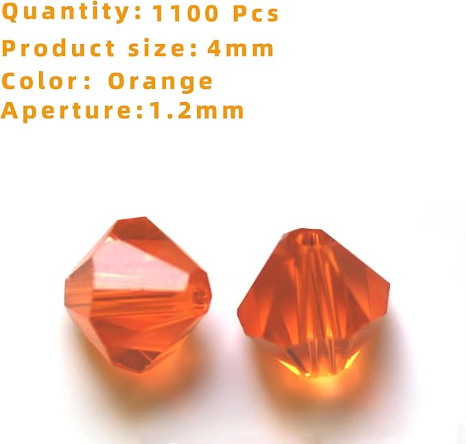 laopottbeads 1100pcs 4mm bicone crystal glass beads for jewelry making, sparkling mini beads for suncatchers, diy bracelets & craft projects (orange)