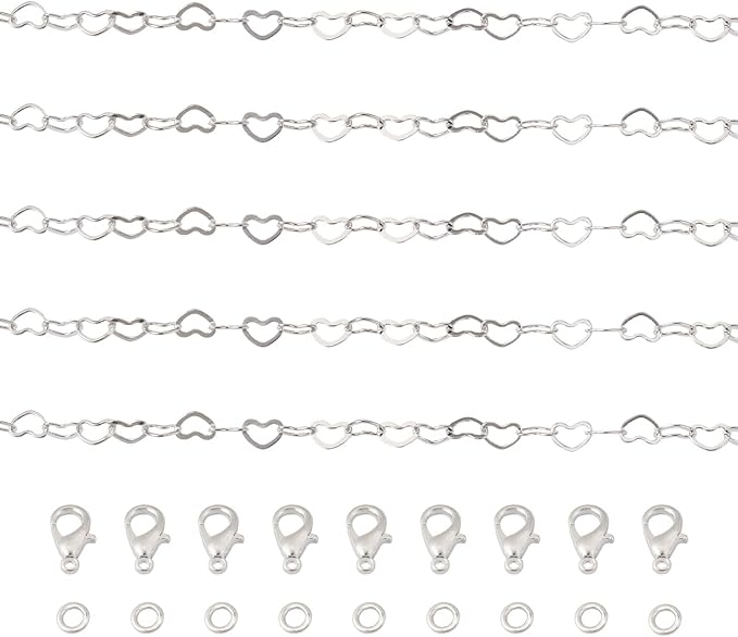 PH PandaHall 16.4 Feet Brass Heart Link Chains 18K White Gold Plated Heart Chains Soldered Jewelry Chains with 50Pcs Jump Rings Lobster Claw Clasps for Bracelet Necklace Jewelry Making
