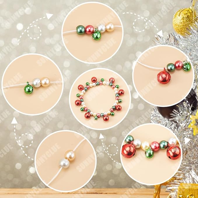SUNNYCLUE 1 Box 240Pcs 6 Sets Christmas Charms Beading Bracelets Making Kit Small Jingle Bells Red Green Beads Holiday Cheerful Sound Adult Bell Winter Snowflake Charms for Jewelry Making Kits