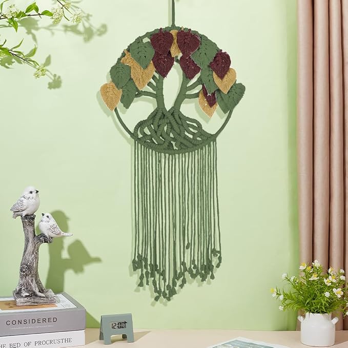 ORIGACH DIY Macrame Tree of Life Wall Hanging Kit Handmade Boho Leaves Tapestry Macrame Kit for Beginner Adults with Step by Step Instruction Macrame Wall Decor for Living Room, Dark Green