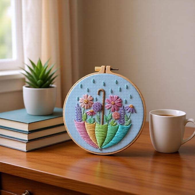 JJFox Embroidery Kit for Beginners and Adults, DIY Hand Embroidery Starter Kit with Cute Pattern, Cross Stitch Needlepoint Set with Hoop, Threads and Instructions (Flower-3)