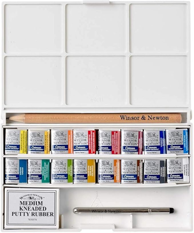 Winsor & Newton Cotman Watercolor Paint Set, Complete Pocket Set, 16 Half Pan w/ Brush, Eraser, Mixing Palette