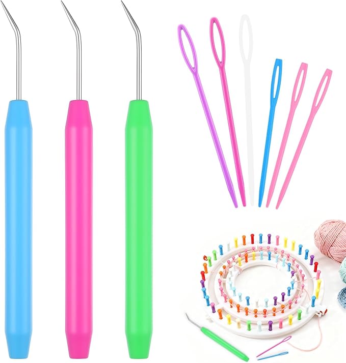 3 Pack Knitting Loom Hooks Set with Soft Ergonomic Handle, Professional Loom Pick Tool & Crochet Hook Needle with 6 Large-Eye Needles (2 Sizes) for Knitting Loom, Essential Knit Picker Accessories