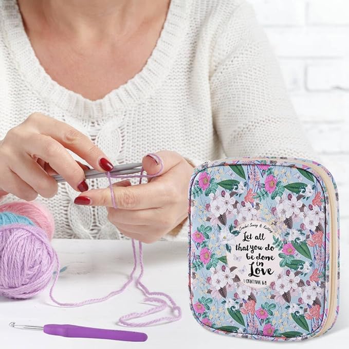 Crochet Hook Case,Portable Zipper Storage Organizer Bag for Crochet Hooks, Knitting Needles, Project & Sewing Supplies, Lightweight,Easy to Hold (No Accessories Included).Green White Flowers