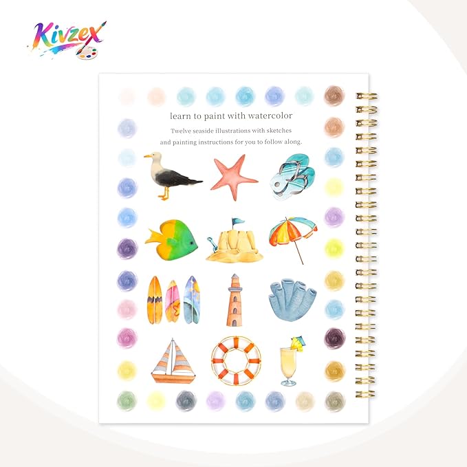 Watercolor Workbook for Adults, Beginner Friendly Watercolor Painting Kit Seaside Water Coloring Book, Nature-Themed Practice Art Gift Water Color Paint Book with Palette and Brush