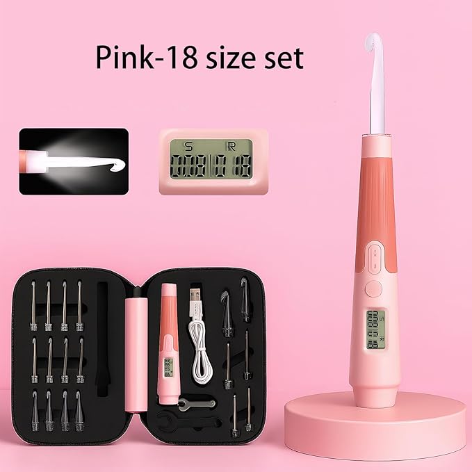 Light up Crochet Hook Set Counting Set Digital Crochet Kit Ergonomic with Lighted Led and Stitch for Crocheting and Knitting
