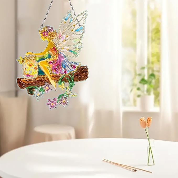 hyzsj DIY Hanging Diamond Art Pendant Painting Kit,Acrylic 5D Fairy Painting Window Pendants, Special Crystal Gem Craft Painting Kit Ornament 8.3x9.4inch