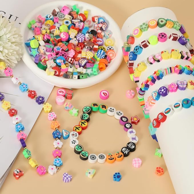 500 Pieces Polymer Clay Beads for DIY Jewelry Making, 24 Style Cute Clay Bead Animal Beads Flower Football Sports Beads Charms for Bracelets Necklace Crafts Kits for Adults Women