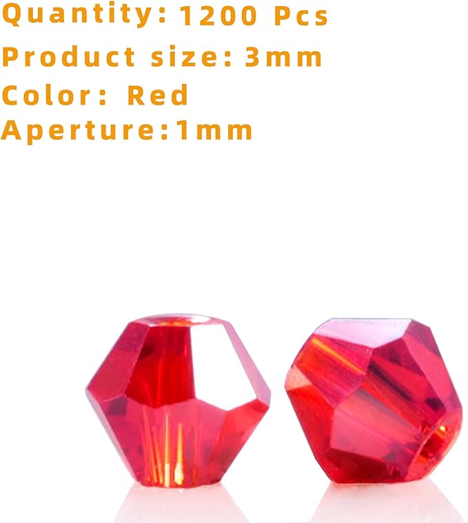 laopottbeads 1200pcs red 3mm bicone crystal beads for jewelry making – faceted glass beads for diy bracelets, necklaces, earrings, suncatchers, crafts, and loc sprinkles