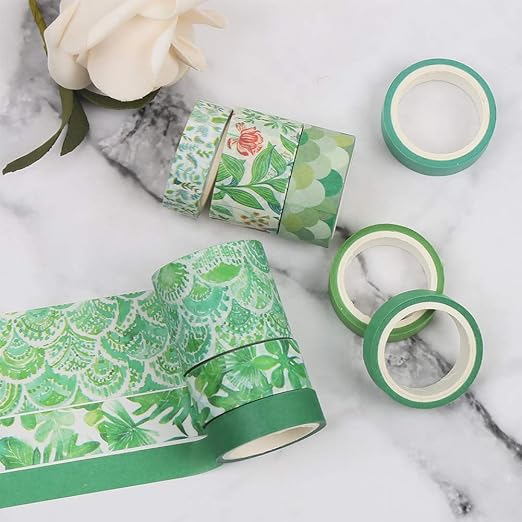 CCINEE 12 Rolls Green Washi Tape Set,Tropical Greenery Leaves Masking Tape for Bullet Journal Scrapbooking Planners Craft Supply