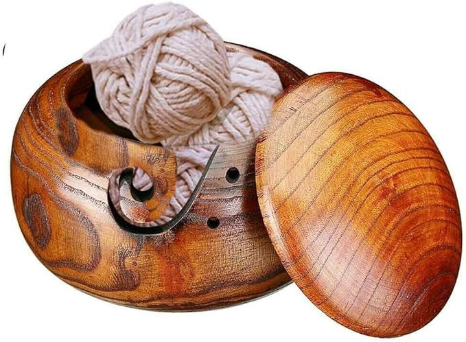 1 Pcs Wooden Yarn Bowl with Lid, Crafted Wooden Weaving Thread Bow with Carved Holes, Premium Knitting Storage Accessories & Supplies, Handcrafted Round Yarn Ball Bowl Brown Box, 16 CM #02