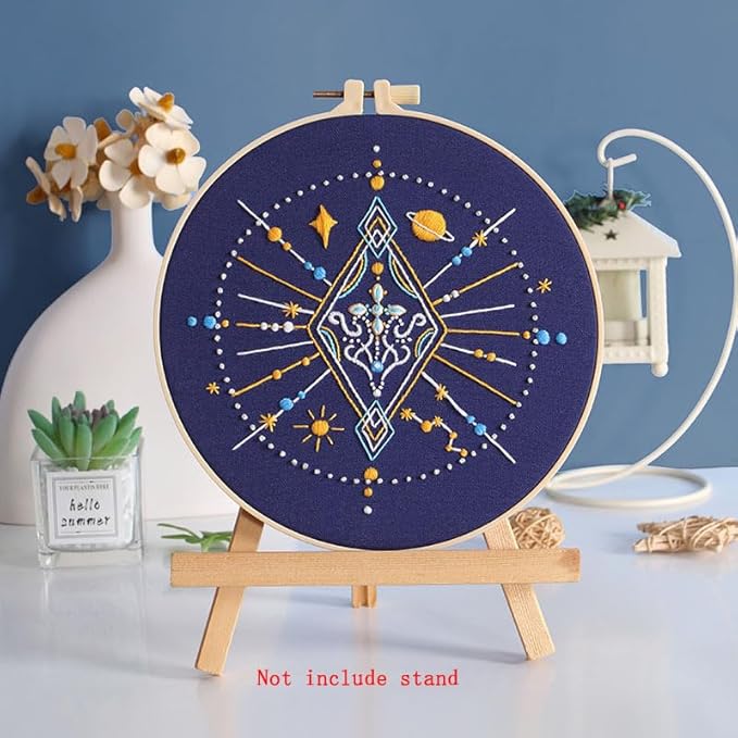 konrisa 3 pcs stamped embroidery starter kit for adults beginners, universe planet pattern cross stitch kits, diy sewing practice kit, needlepoint kits include 1pcs hoops, hanging decoration for home
