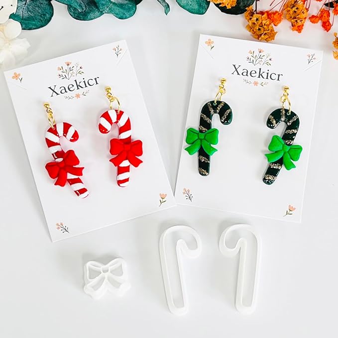 Xaekicr Christmas Candy Cane Polymer Clay Cutters – 3pcs Holiday Clay Earring Cutters Set for DIY Jewelry Making, Cute Bow and Candy Shapes, Clay Tools and Polymer Clay Molds