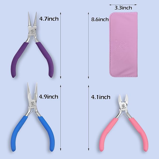 mossco jewelry pliers set, 3pcs jewelry making tools kit - round nose, needle nose and wire cutters for jewelry making, beading, wire wrapping, diy crafts and jewelry repair with carrying pouch
