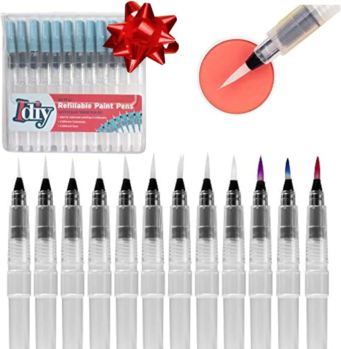 Refillable Watercolor Brush Pens Set of 12 – Water Brush Pens with 3 Tip Sizes (3mm, 4mm, 5mm) – Nylon Point Tips for Painting, Lettering, Calligraphy & DIY Crafts – Easy Flow Control & Easy to Clean