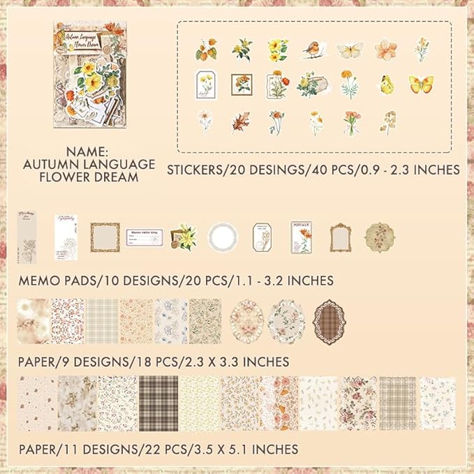 OKUPAN Scrapbook Supplies Kit – 100Pcs Vintage Floral Scrapbook Paper & Junk Journal Stickers, Journaling Supplies for Bullet Journaling, Retro Crafts, Mixed Media, Planner, Collage Card Album(Yellow)
