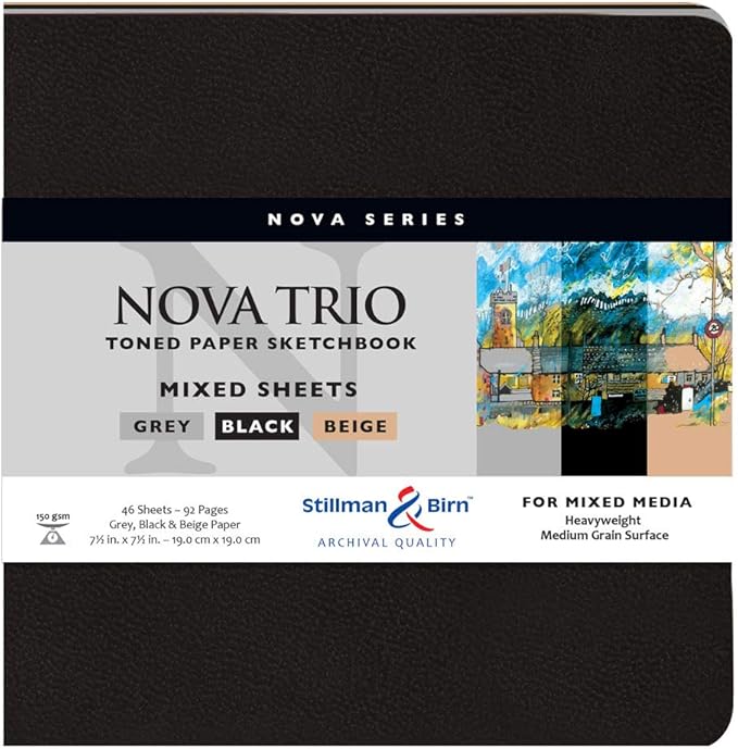Stillman & Birn Nova Series Trio Softcover Sketchbook, 7.5" x 7.5", 150 gsm (Heavyweight), Beige, Grey & Black Paper, Medium Grain Surface
