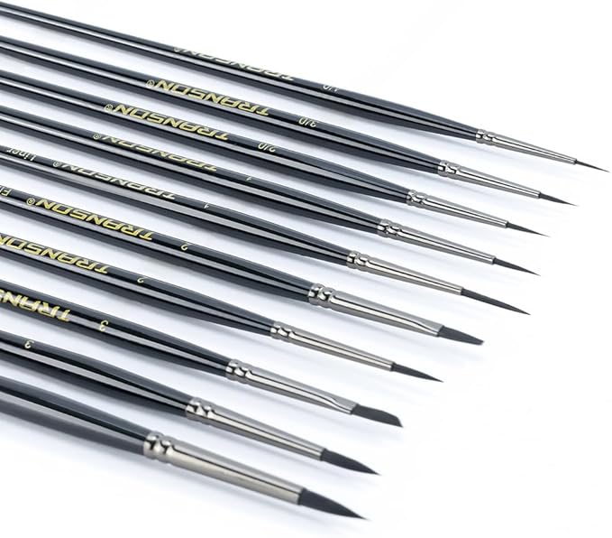Transon 10pcs Small Detail Miniature Model Painting Brush Set for Acrylic Watercolor Gouache Ink Tempera and Body Painting