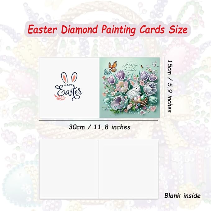 12 Pack 5D DIY Diamond Painting Greeting Card Kit, Diamond Art Birthday Holiday Greeting Card, Art Crafts Kit Creative Gift with Envelope (Easter Bunny A)