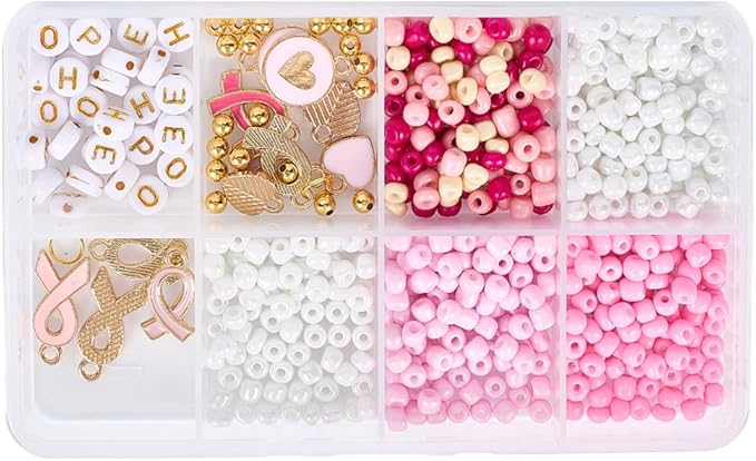 SUNNYCLUE 1 Box About 680Pcs DIY 6 Sets Breast Cancer Awareness Bracelets Pink Bracelet Making Kits Alphabet Ribbon Heart Letter Charms for Jewelry Making Kit Supplies Women Beginners Adult Starter