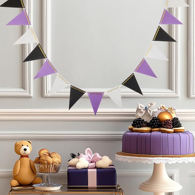 MOWO Purple Black and Silver Pennant Banner Paper Bunting Hanging Decoration for Graduation Birthday Retirement Halloween Party, Pack of 30 Counts Pennant, 20 feet
