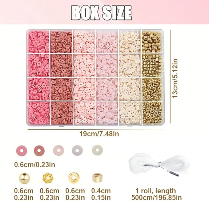 Believo Polymer Clay Beads Kit for DIY Jewelry with Elastic Cord, Colorful Flat Heishi Beads and Spacer Pieces – Ideal for Friendship Bracelet & Necklace Making (Pink)