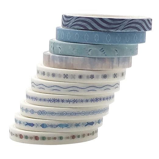 Vintage Pattern 5mm Wide Skinny Washi Tapes Set, 10 Rolls Blue Japanese Masking Decorative Tapes for Bullet Journal Planners DIY Decor Crafts Arts Scrapbooking Adhesive