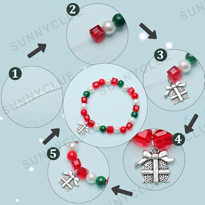 SUNNYCLUE 1 Box 218Pcs 6Sets Christmas Bracelet Making Kit Red Green Glass Beads Christmas Tree Enamel Charm Jingle Bell Snowflake Charms Rhinestone Bead for Jewelry Making Kits Beading Supplies
