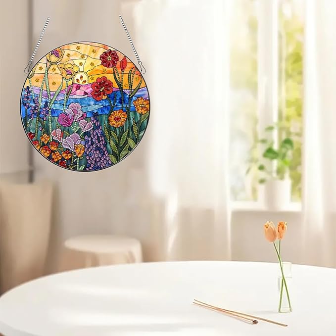 hyzsj DIY Hanging Diamond Art Pendant Painting Kit Landscape Sunset Flower, Special Crystal Gem Craft Painting Kit Ornament 9.4x9.4inch