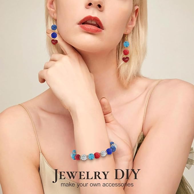 240pcs 10mm Rhinestone Beads for Crafting, Sparkle Clay Beads Crystal Disco Ball for DIY Jewelry Making Bracelet Necklace Earring and Independence Day Decorations Clay Rhinestone Red and Blue Series