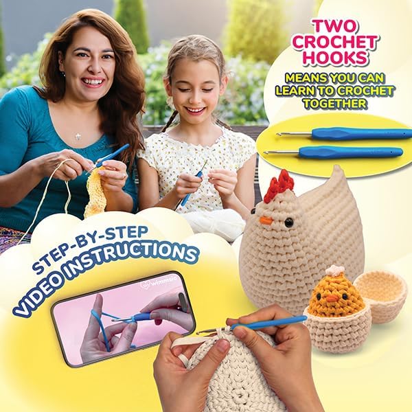 Wimmsie Crochet Animal Kit for Beginners - Easy Beginner Crochet Kit for Kids - Amigurumi Chicken Chick & Egg - 3 Kawaii Stuffed Animals - Cute DIY Yarn Plush (Pink)