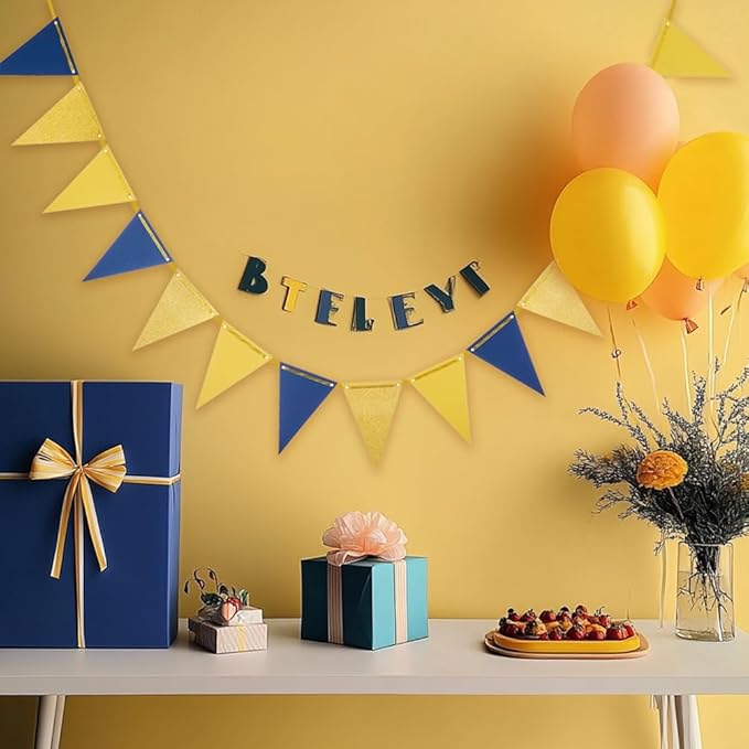 MOWO Gold Blue and Yellow Pennant Banner Paper Bunting Hanging Decoration for Graduation Birthday Wedding Retirement Eid Ramadan Festival Theme Party, Pack of 30 Counts Pennant, 20 feet
