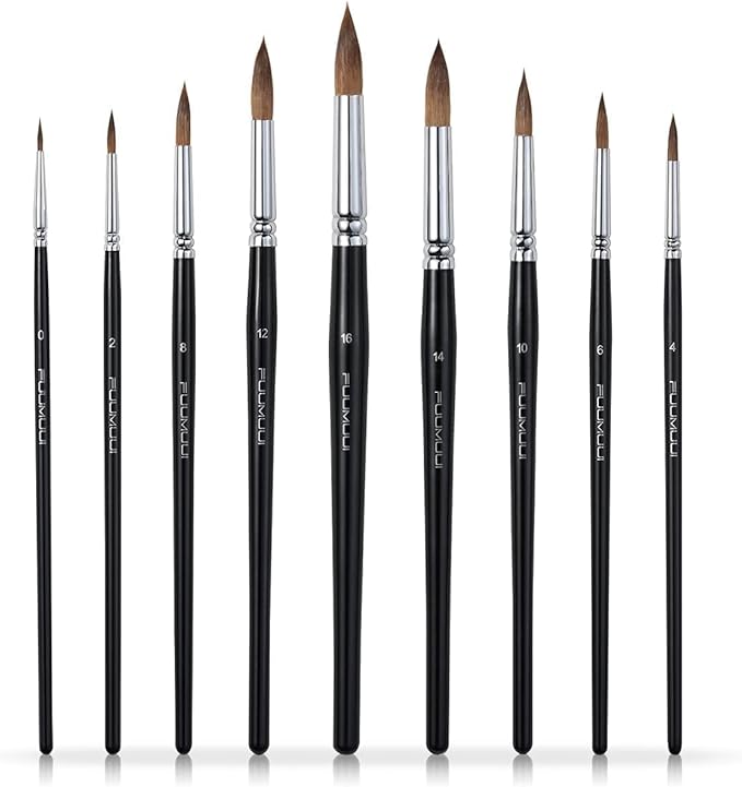 Sable Watercolor Brushes, Fuumuui 9pcs Detail to Mop Sable Brushes Round Pointed Professional Water Color Brushes Perfect for Watercolor Gouache Acrylic Ink Painting