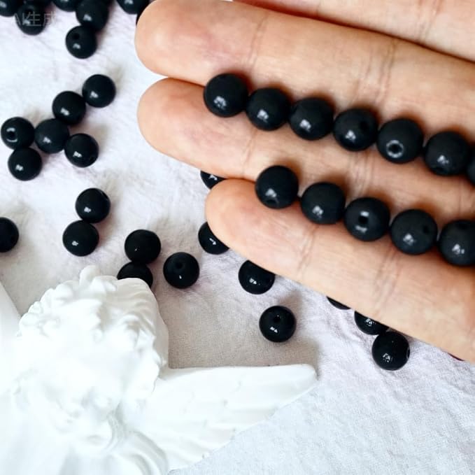 Jabrand 100pcs Black Beads, 8mm Porcelain Beads for Jewelry Making Round Ceramic Bead Unique Vintage Bead for Craft Beading Kit Bracelets DIY Decor