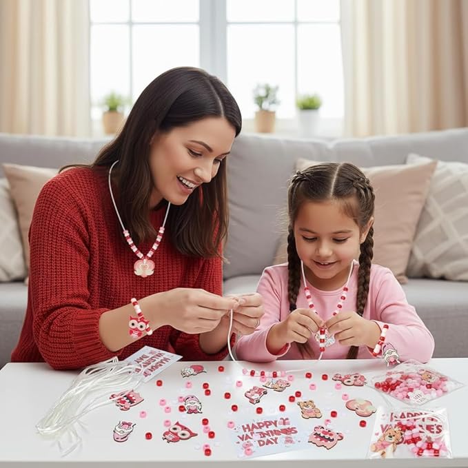 Bafeil 24-Set Valentine's Day Beads Necklaces Bulk Crafts Kit - Red Pink Pony Beads with Cute Wooden Charms, DIY Beaded Necklaces Heart for Party Favors Classroom Goodie Bags Stuffers Gifts